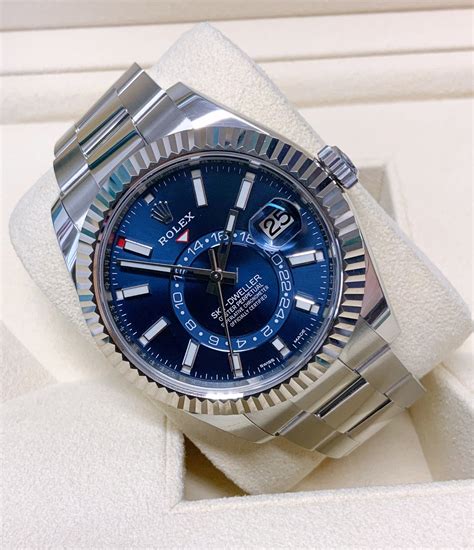 rolex sky dweller silver blue face|rolex blue dial sky dweller.